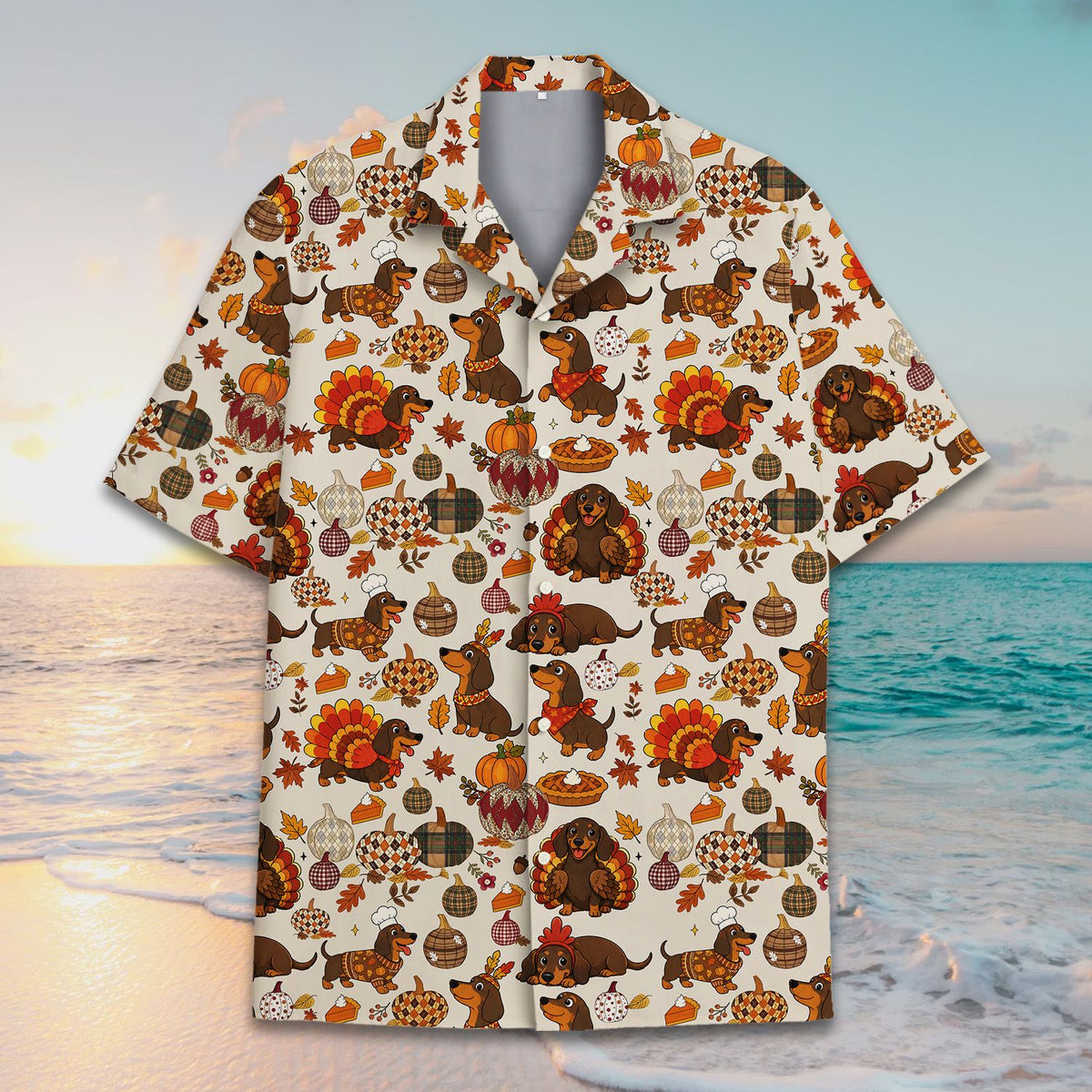 Men's thanksgiving hawaiian shirt featuring festive dachshunds, detailed front