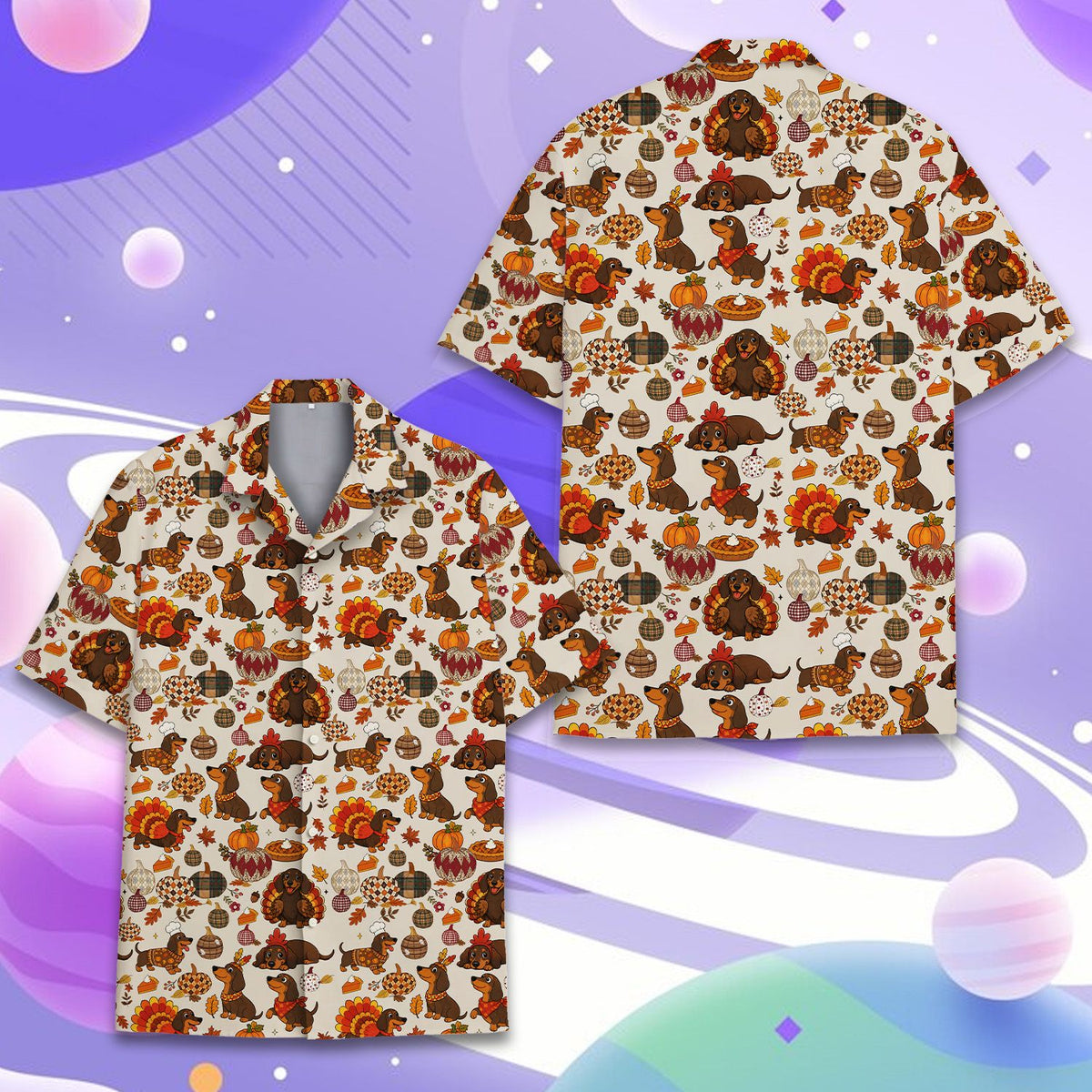 Men's thanksgiving hawaiian shirt featuring festive dachshunds, front view