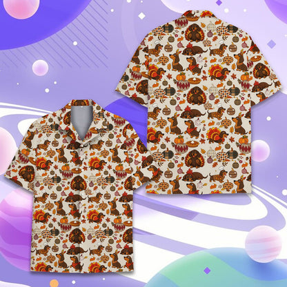 Men's thanksgiving hawaiian shirt featuring festive dachshunds, front view