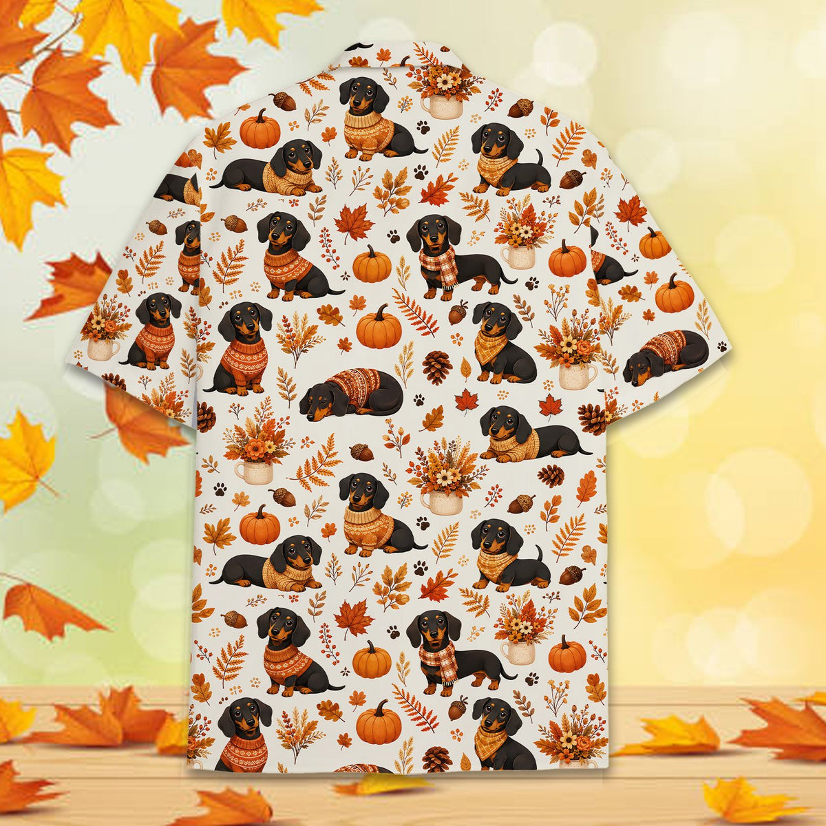 Front view of beige Thanksgiving Hawaiian shirt featuring cozy dogs and pumpkins