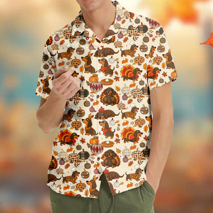 Men's thanksgiving hawaiian shirt featuring festive dachshunds, lifestyle setting