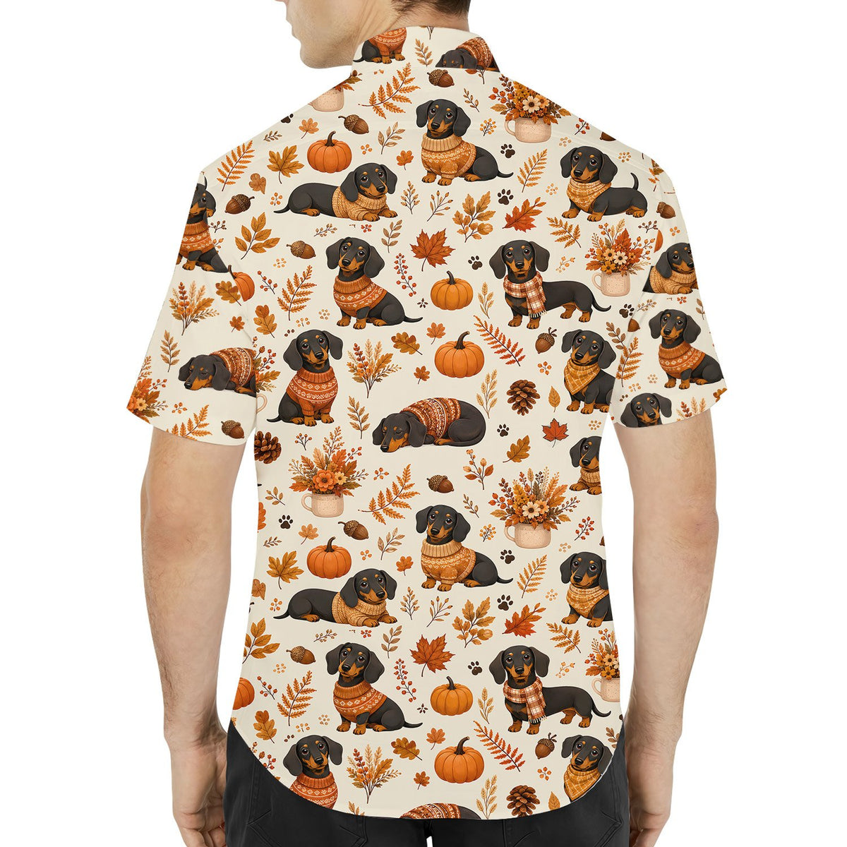 Lifestyle view of people wearing the beige Thanksgiving Hawaiian shirt outdoors
