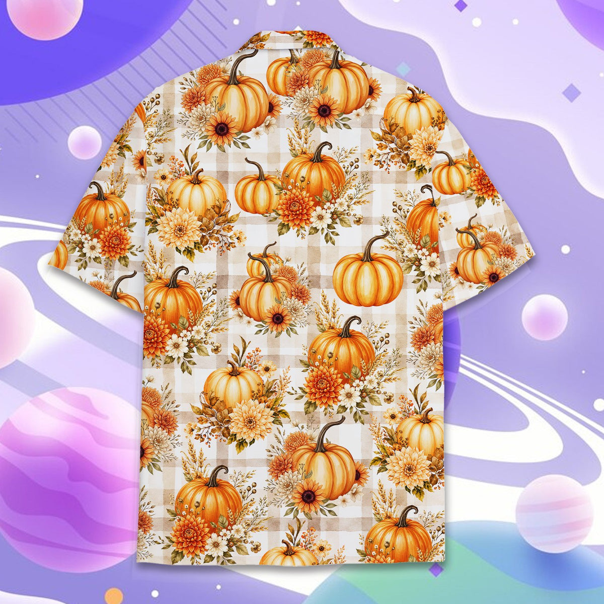 Detailed back view of the thanksgiving fall pattern hawaiian shirt