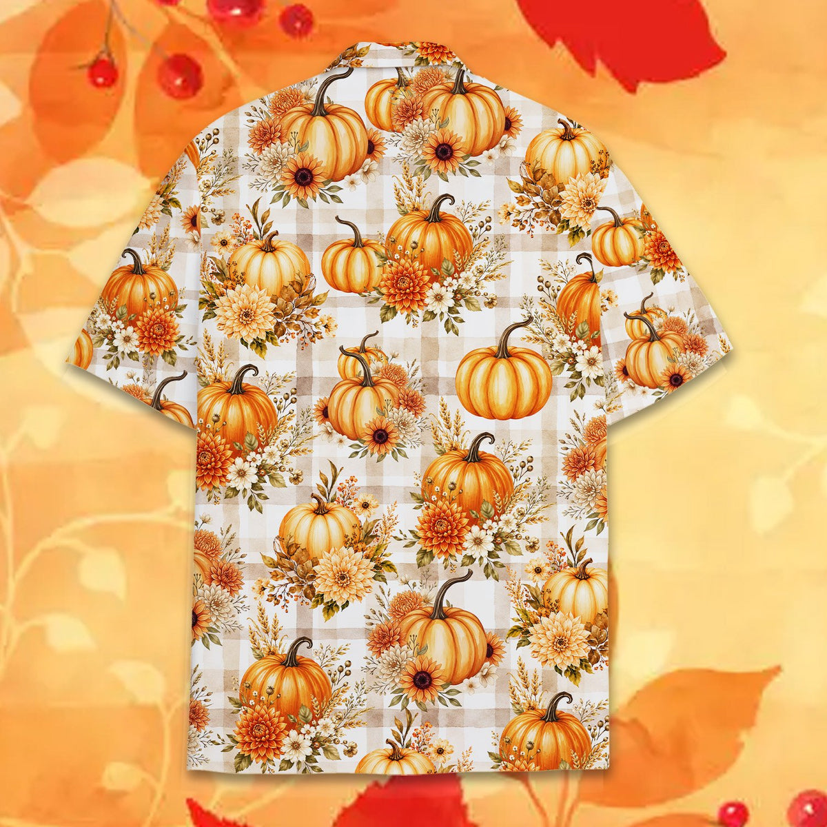 Back view of the matching family hawaiian shirt with vibrant orange pumpkins