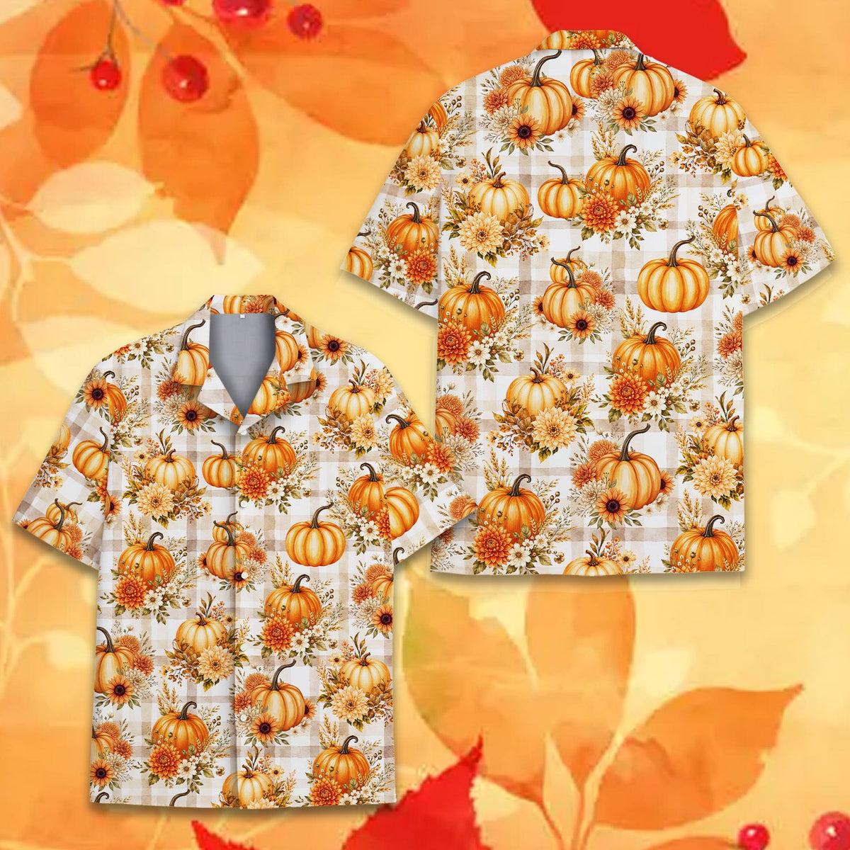 Close up front view of the thanksgiving fall hawaiian shirt showing button details