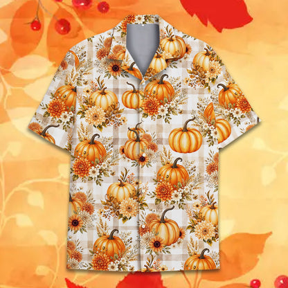 Flat lay front view of the pumpkin and plaid hawaiian shirt