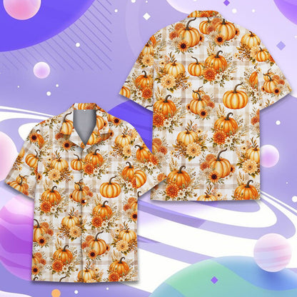 Thanksgiving hawaiian shirt featuring pumpkins and plaid for matching family outfits