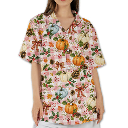 Main view of the pink thanksgiving hawaiian shirt with pumpkins and plaid pattern
