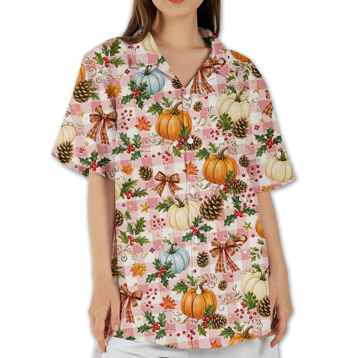 Front view of the pink and white plaid fall hawaiian shirt
