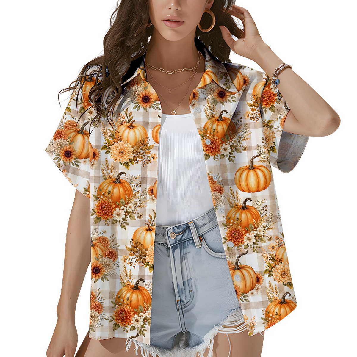 Lifestyle image showcasing the fall hawaiian shirt during an autumn gathering