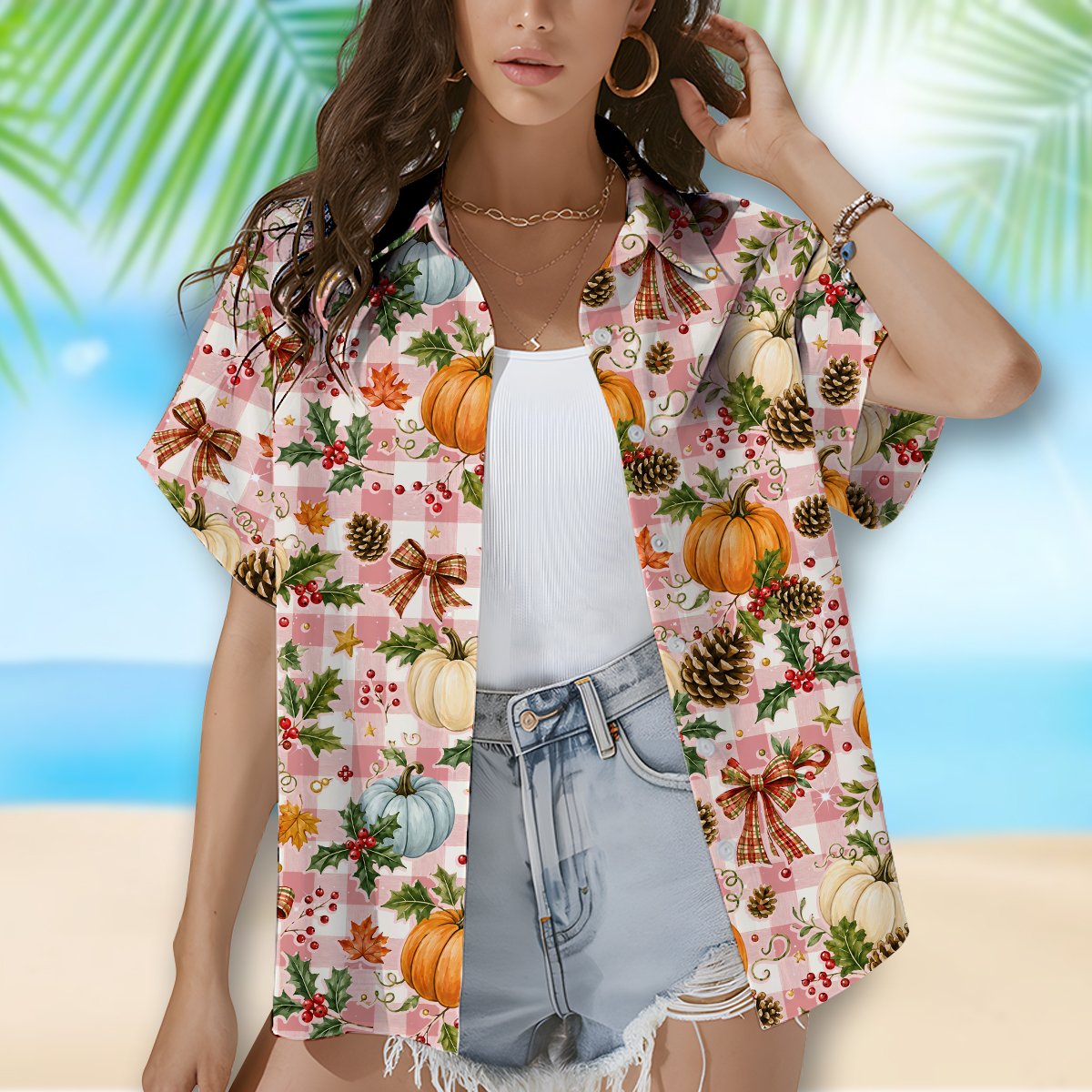 Lifestyle view showing the pink thanksgiving hawaiian shirt on family members