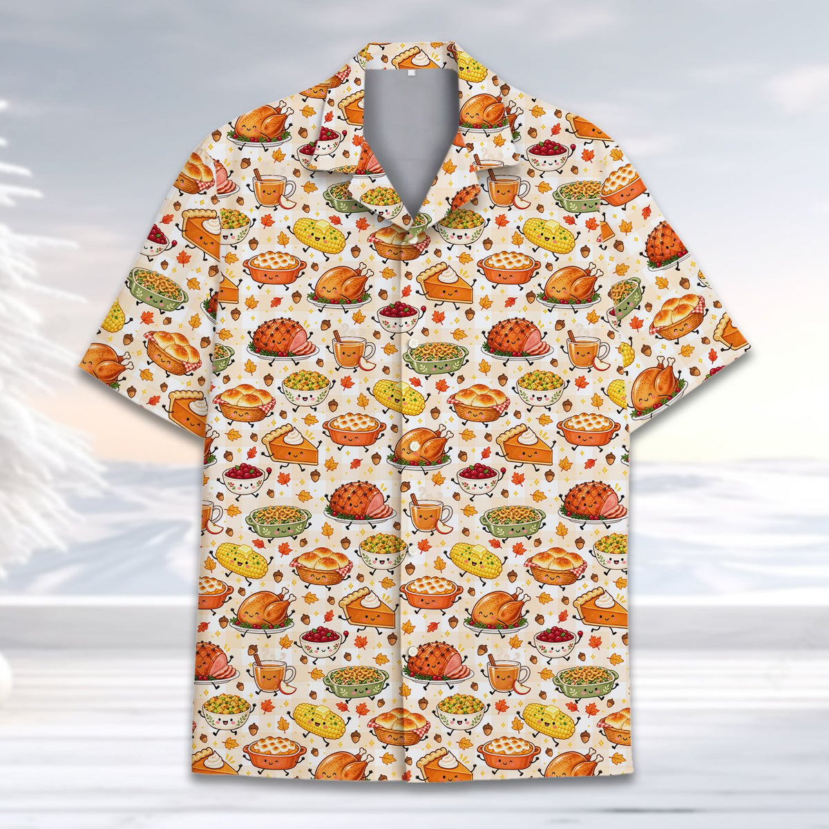 Alternative front view showing the button-down style and kawaii food details