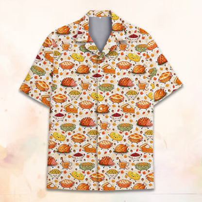 Thanksgiving food hawaiian shirt featuring kawaii turkeys and pies on a white plaid background, main view