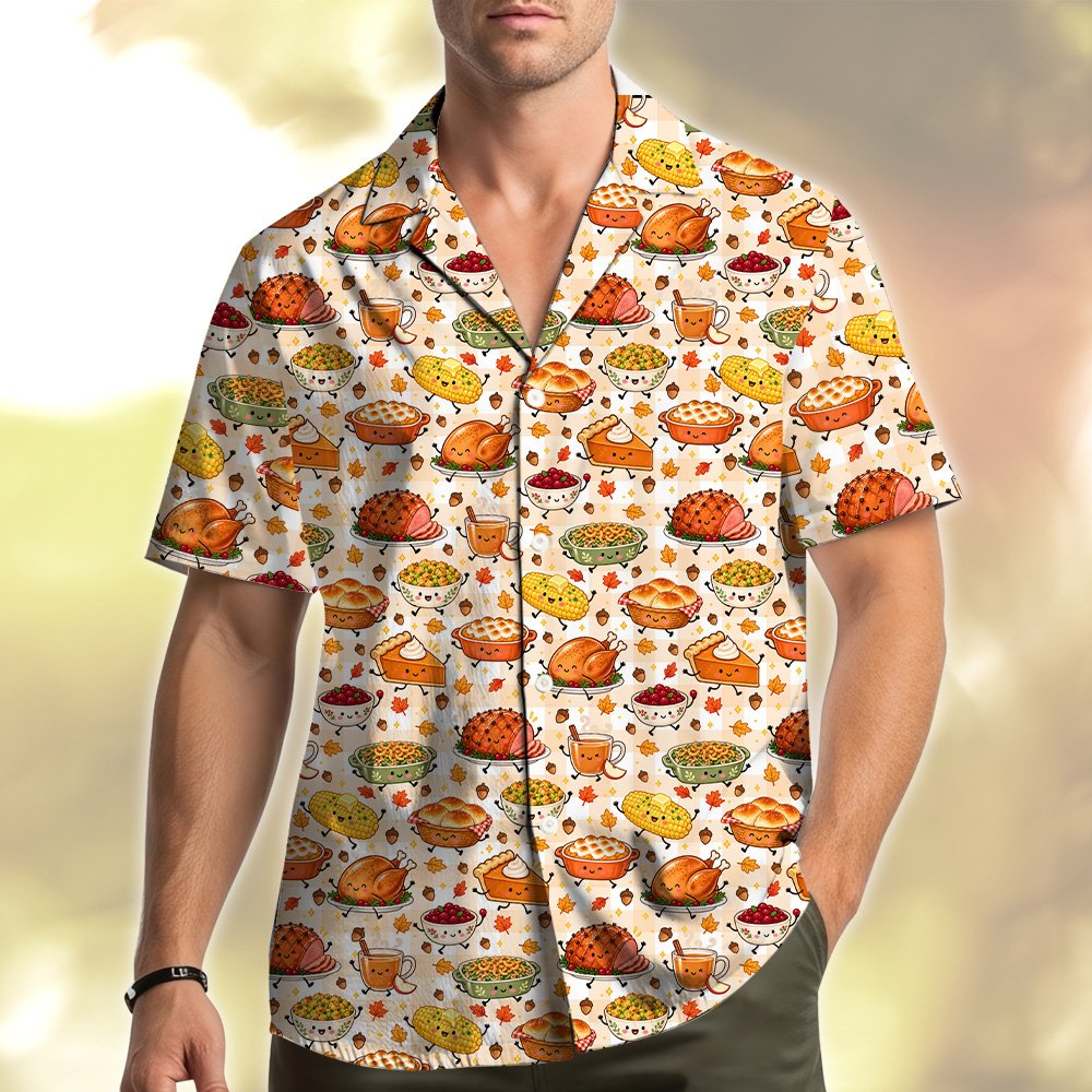 Second lifestyle view featuring the food hawaiian shirt in an autumn setting