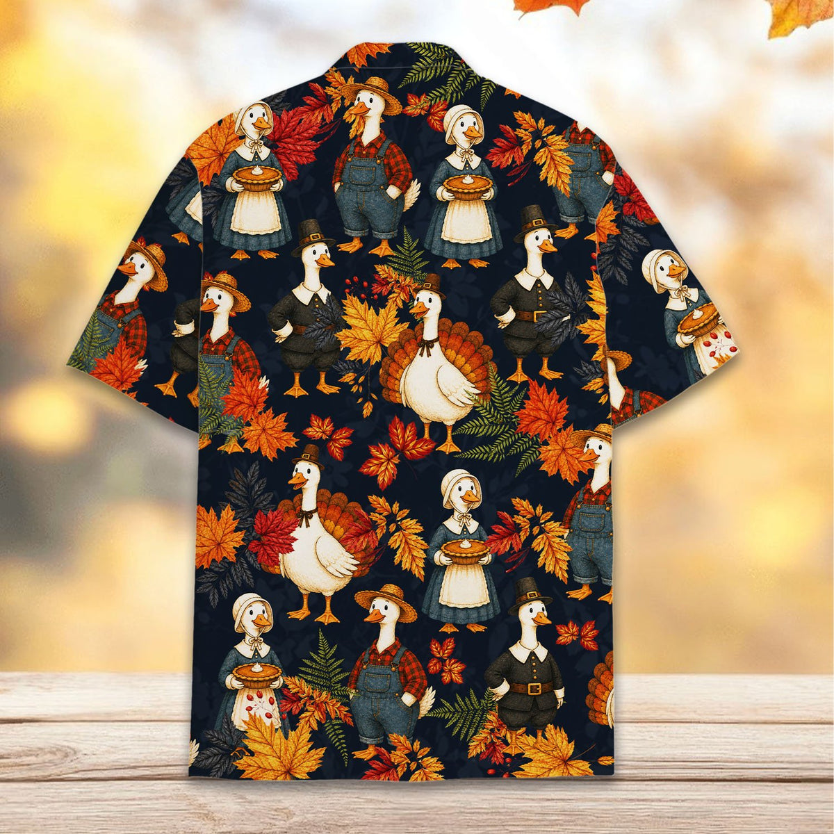 Back view of the matching family hawaiian shirt showing autumn leaves