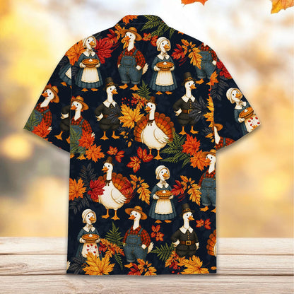 Back view of the matching family hawaiian shirt showing autumn leaves