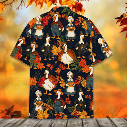 Back view close-up of the navy thanksgiving hawaiian shirt