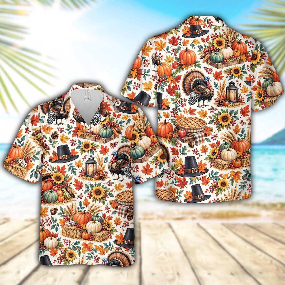Detailed front view of the hawaiian thanksgiving shirt in white, orange, and brown