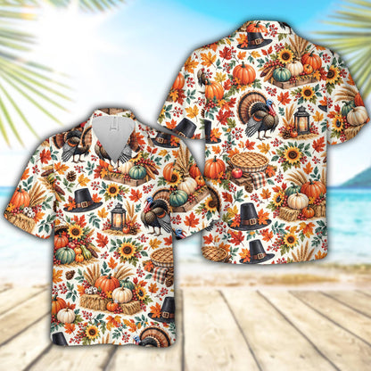 Detailed front view of the hawaiian thanksgiving shirt in white, orange, and brown