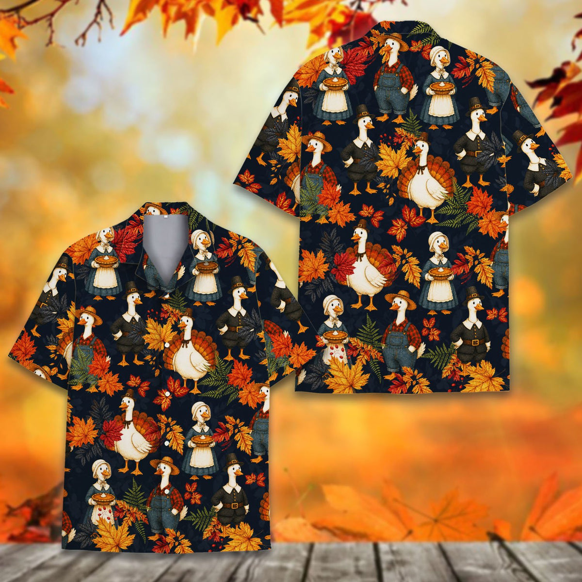 Front view of the holiday hawaiian shirt with cartoon geese