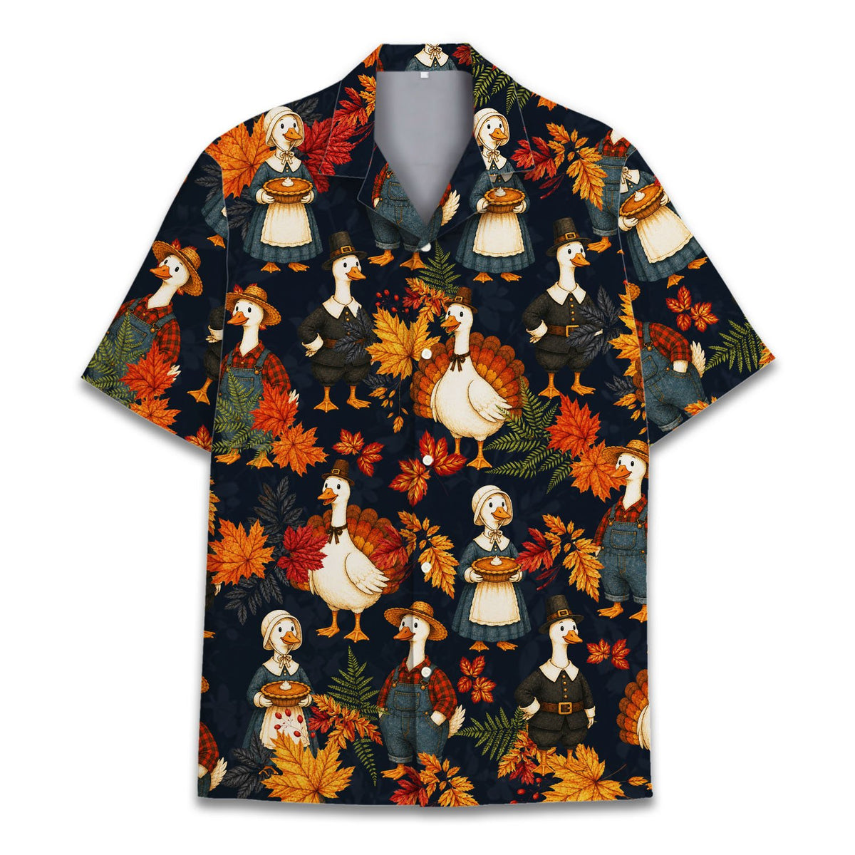 Close-up front view of the pilgrim geese hawaiian shirt