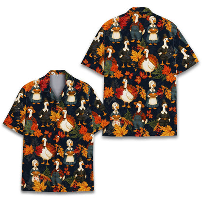 Main view of the hawaiian thanksgiving shirt featuring pilgrim geese on a navy background