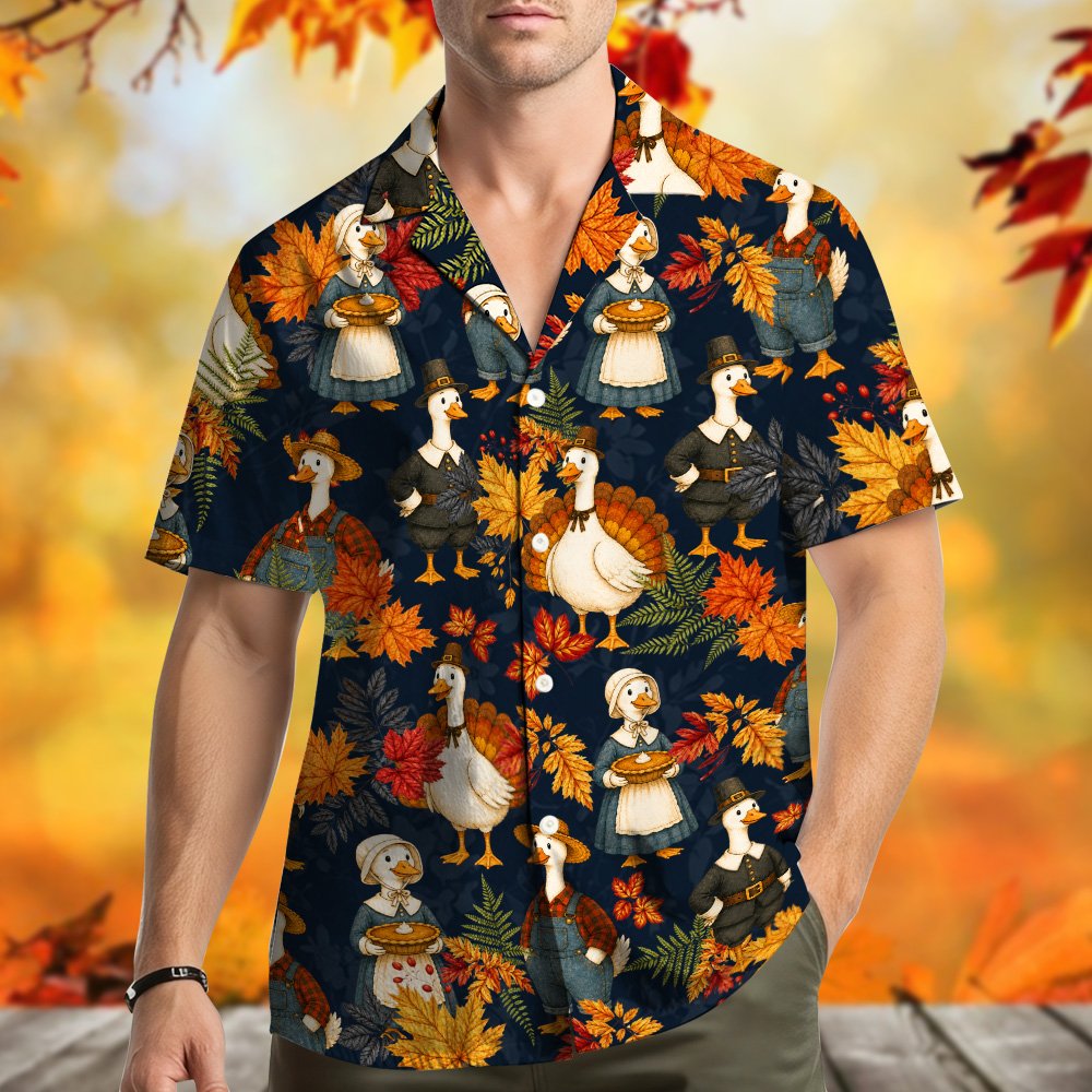 Second lifestyle shot showing the holiday hawaiian shirt in a festive autumn setting