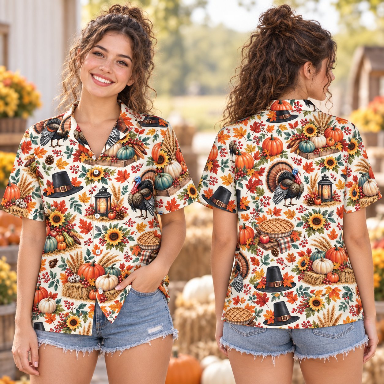 Lifestyle view of a family wearing matching family hawaiian shirts for Thanksgiving