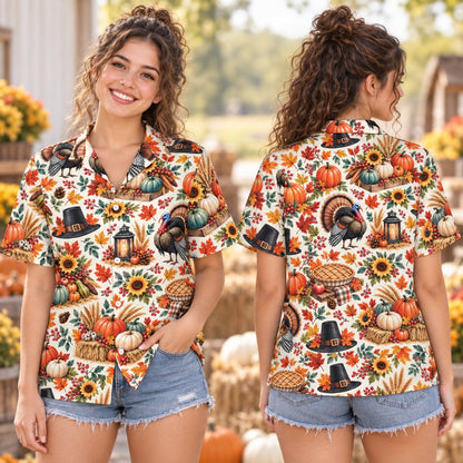 Lifestyle view of a family wearing matching family hawaiian shirts for Thanksgiving