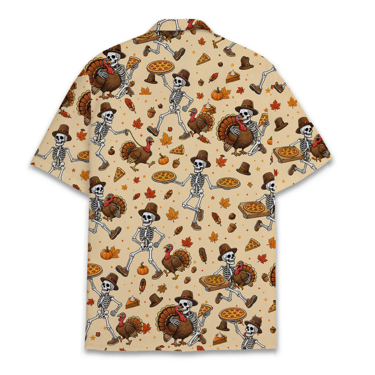 Back view of the beige thanksgiving skeletons hawaiian shirt