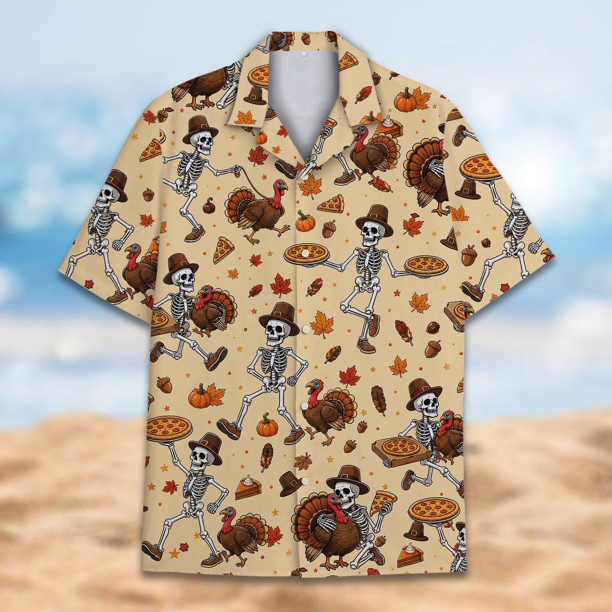 Another front view of the matching family hawaiian shirts with pilgrim skeleton print