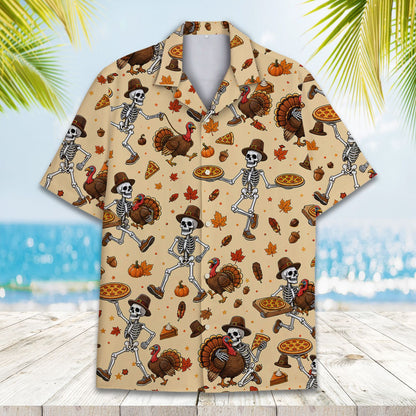 Close up front view of the thanksgiving skeletons and pizza hawaiian shirt