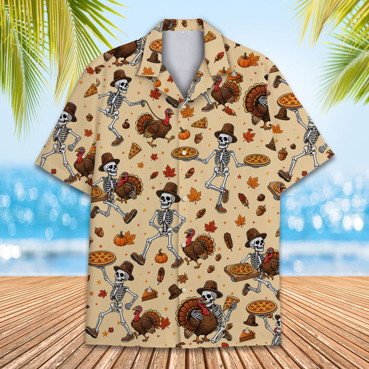 Front view of the beige thanksgiving hawaiian shirt featuring skeletons and pizzas