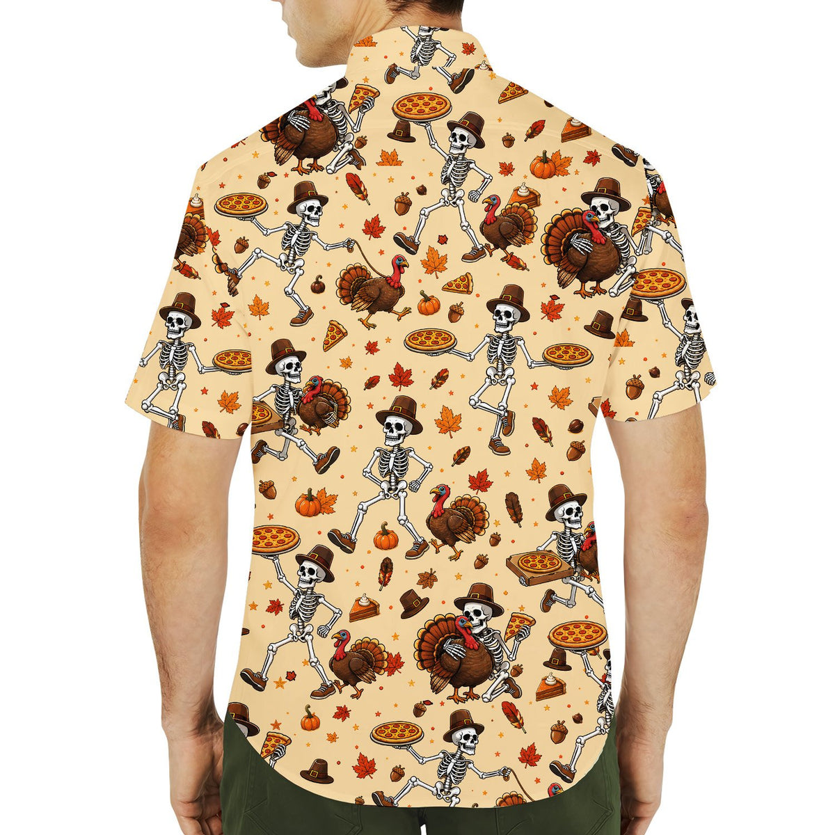 Second lifestyle view showcasing the holiday hawaiian shirt with skeletons