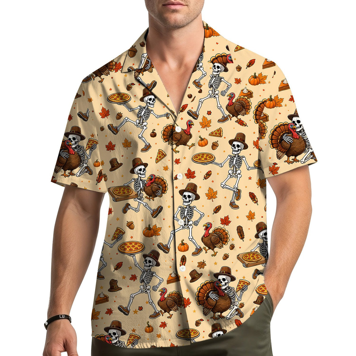 Lifestyle view of a person wearing the matching family hawaiian shirt