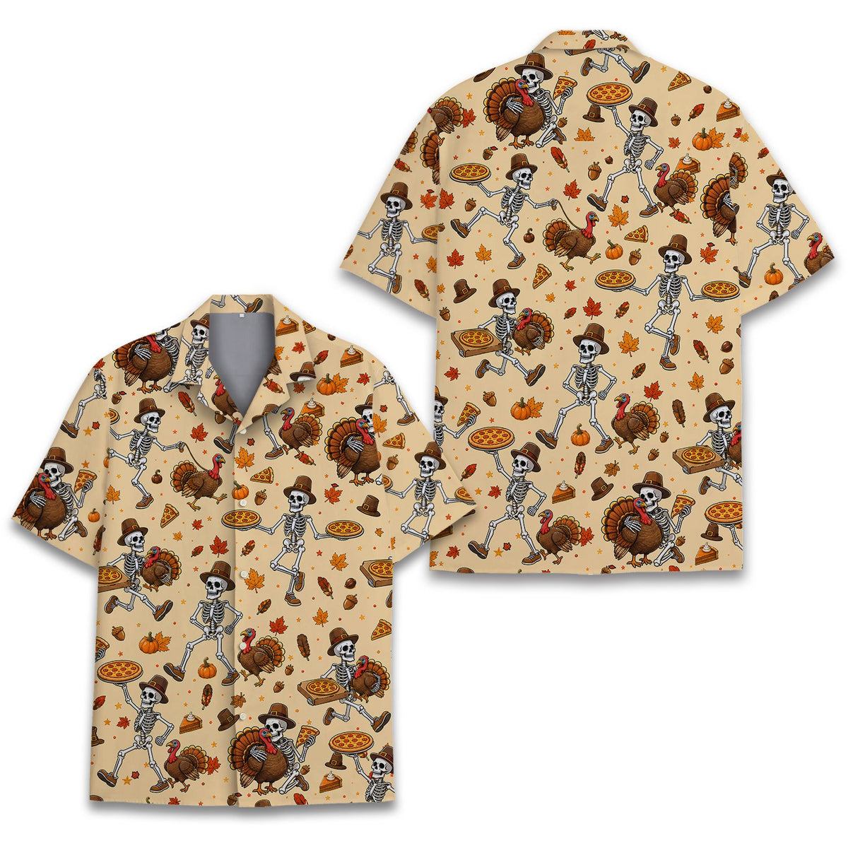 Additional view of the thanksgiving skeletons and pizza hawaiian shirt pattern