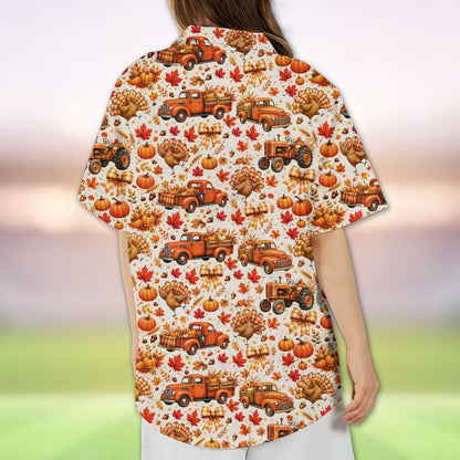 Back view of the matching family Hawaiian shirt with Thanksgiving design