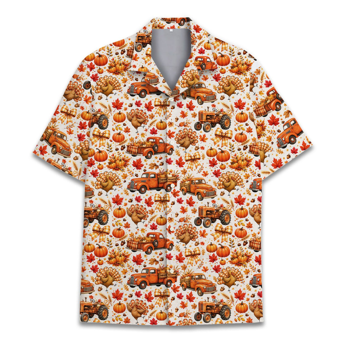 White Thanksgiving Hawaiian shirt featuring vintage trucks and turkeys on a white background, main view