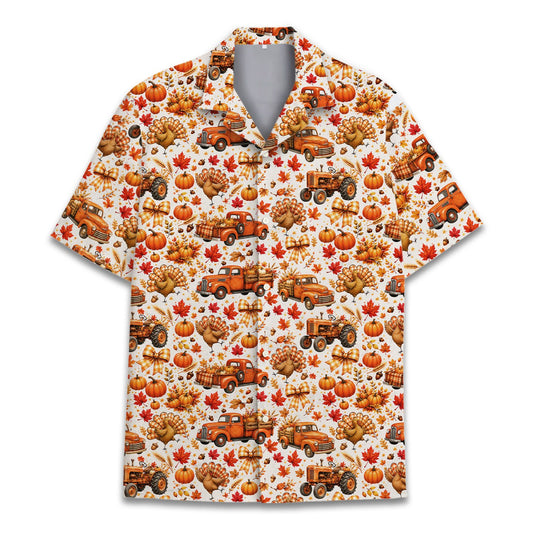 White Thanksgiving Hawaiian shirt featuring vintage trucks and turkeys on a white background, main view