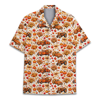 Front view of the white Thanksgiving Hawaiian shirt with autumn motifs