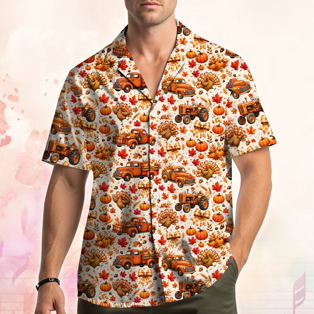 Another lifestyle view of the Thanksgiving Hawaiian shirt in a family setting