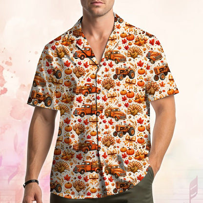 Another lifestyle view of the Thanksgiving Hawaiian shirt in a family setting