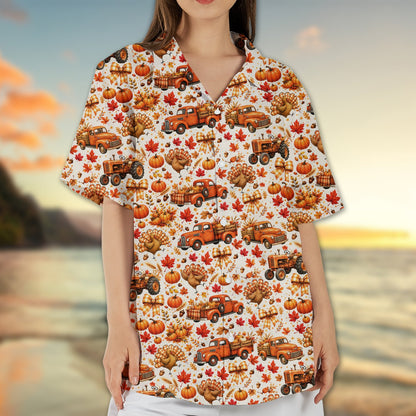 Family matching Hawaiian shirts with Thanksgiving turkey and truck design, lifestyle view