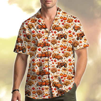 Lifestyle view of people wearing matching family Hawaiian shirts for Thanksgiving