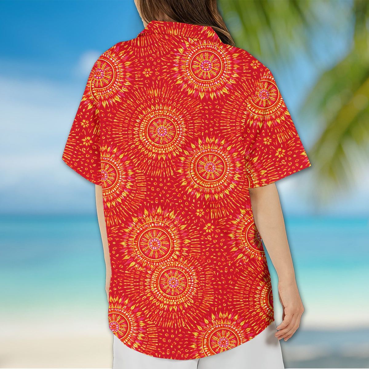 Detailed back view of the tie dye sunburst design on the hawaiian shirt