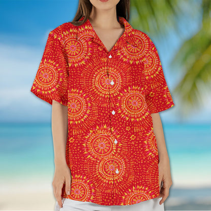 Tie dye mandala hawaiian shirt featuring vibrant red, yellow, and pink abstract patterns