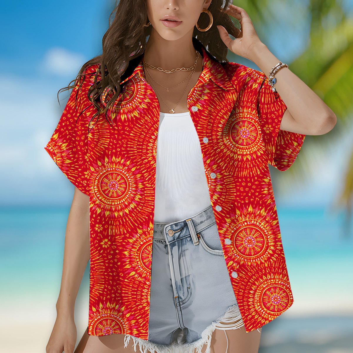 Second lifestyle view featuring the matching family hawaiian shirts abstract design