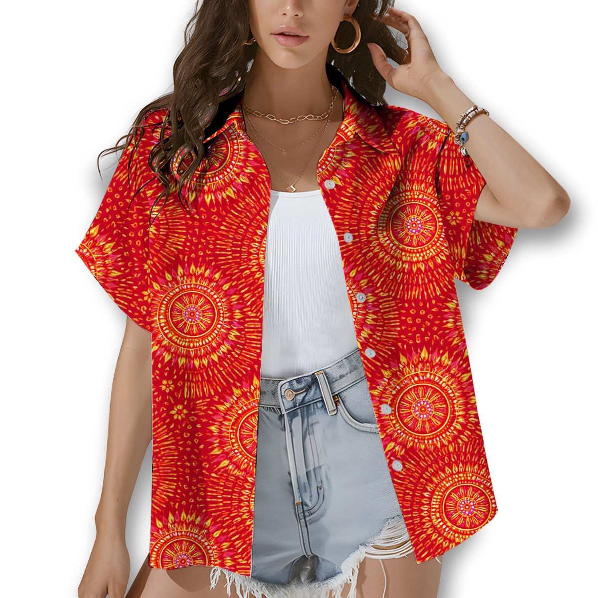 Lifestyle shot of an adult wearing the tie dye mandala hawaiian shirt outdoors