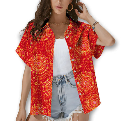 Lifestyle shot of an adult wearing the tie dye mandala hawaiian shirt outdoors