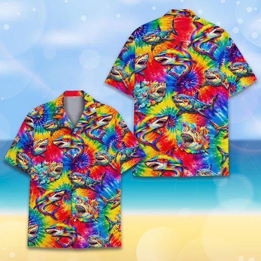 Red tie-dye hawaiian shirt with multi-color shark print, front view